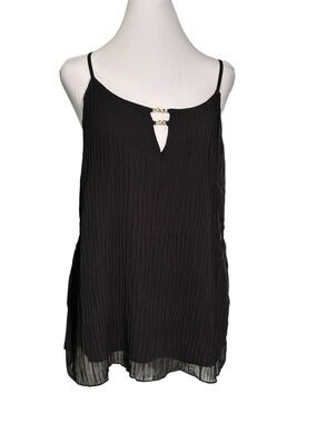 Naif Black Pleated Cami Top Sheer Pleats Solid Black Size M Gold Chain Accent